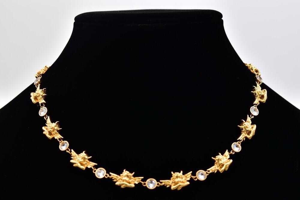 Boys Lie Gold Horned Cherub Angel Devil Necklace Crystal Statement Y2K BinBL